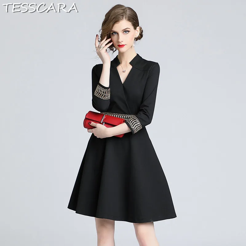 

TESSCARA Women Autumn & Winter Elegant Embroidery Black Dress Festa Female Designer Office Vestidos Vintage A-Line Robe Femme