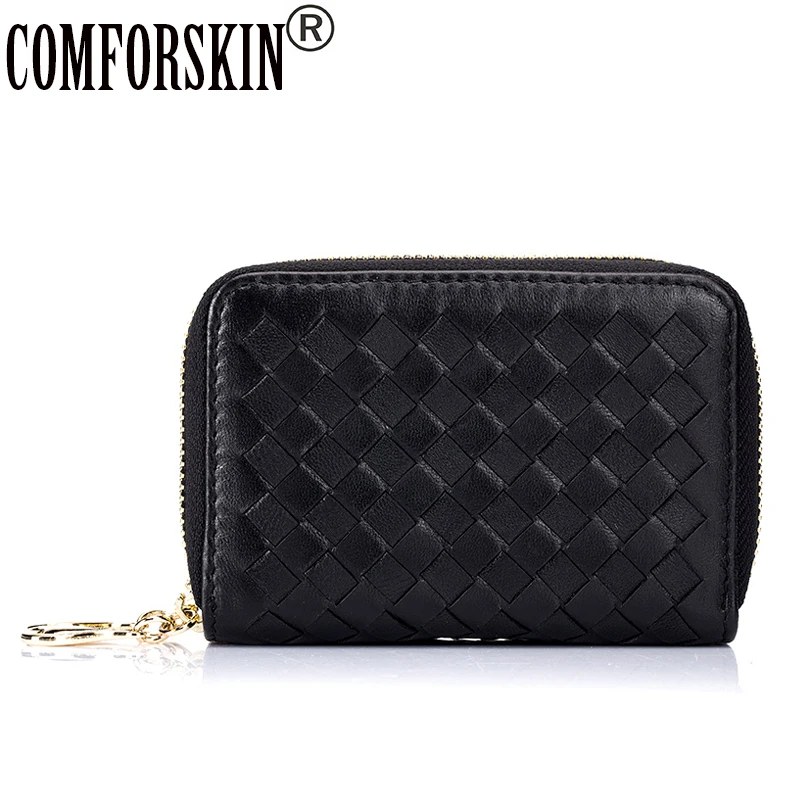 

COMFORSKIN 2017 New Arrival Genuine Leather Hand-made Knitting Double Zipper Credit Card Holder Universal Card Wallet Coin Purse