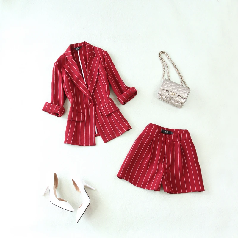 

2 piece set women spring and summer new red and white strips 7 points sleeve small suit+wide leg shorts imitation hemp two-piece