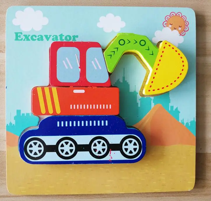Детские деревянные головоломки с ручками Tangram, 3D Мультяшные головоломки, Обучающие игрушки Монтессори - Цвет: excavator
