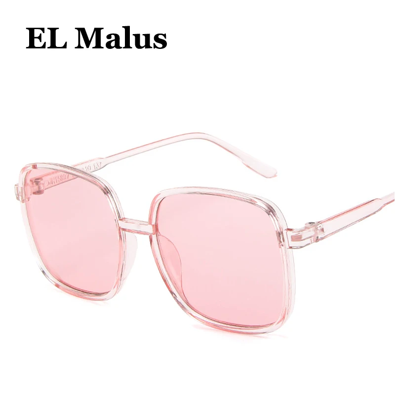 [EL Malus]Big Square Frame Sunglasses Women Mens Tan Pink Lens Gray Shades Sexy Ladies Sun Glasses Oculos