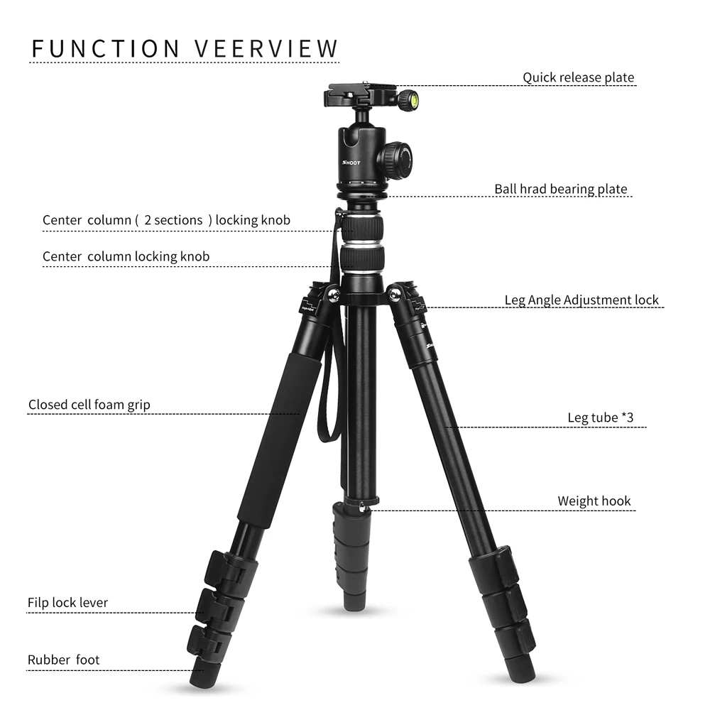 SHOOT Camera Tripod Stand Holder Mount with Ball Head for Canon 1300D Nikon D3400 D5300 Sony A6000 X3000 DSLR Camera Accessories
