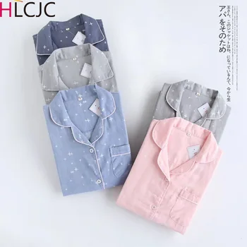 

Japanese National Customs Lovers Stars Pajamas Sets Autumn Pure Cotton Gauze Long Sleeve Woman Man Leisure Home Sleepwear Suit