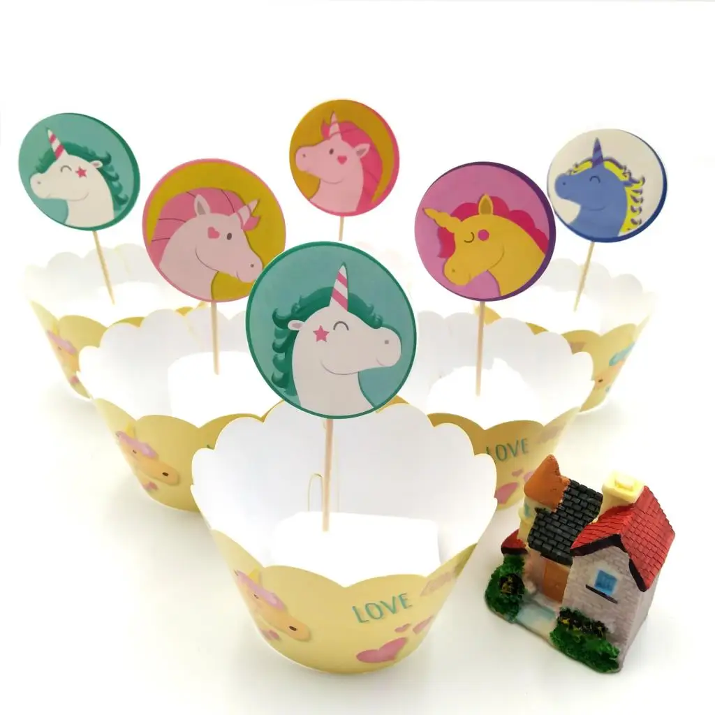 

24Pcs Unicorn Rainbow Cake Toppers +Cupcake Wrappers Birthday Party Cake Decoration Baby Shower Unicorn Party Supplies