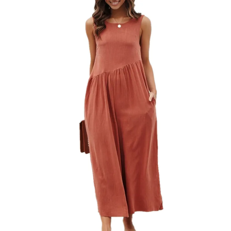 LOSSKY Wide Leg Solid Jumpsuit Sexy Sleeveless Backless Women Jumpsuits Casual Loose Pocket Basic Ladies Romper Jumpsuit Fashion