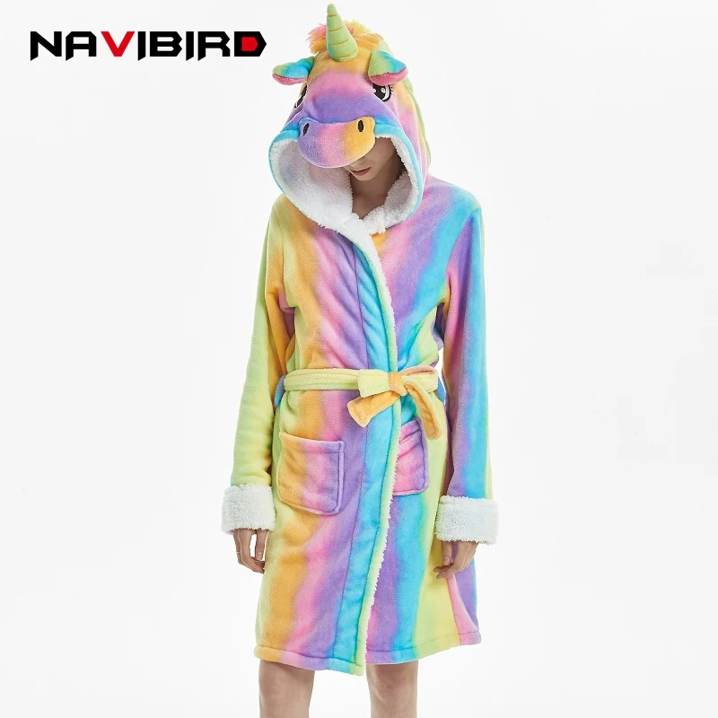Winter Animals Robes Adult Rainbow Unicorn Gowns For Women Sleep Bathrobe Flannel Kimono Robe
