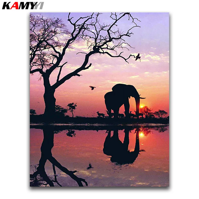 

animals Full round Diamond painting Cross stitch Sunset landscape full square Diamond mosaic Elephant 5D Diamond embroidery tree