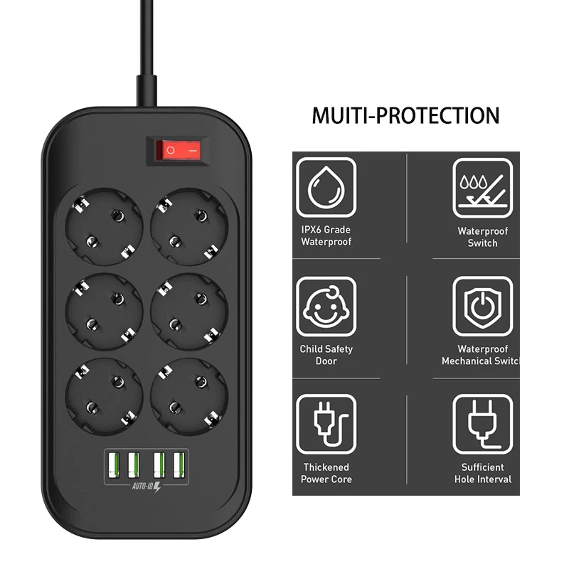 Rdxone EU Smart Power Strip Socket 4 USB 6 AC Outlets2M Power Cord Wall Charger Adapter for Home Office Global