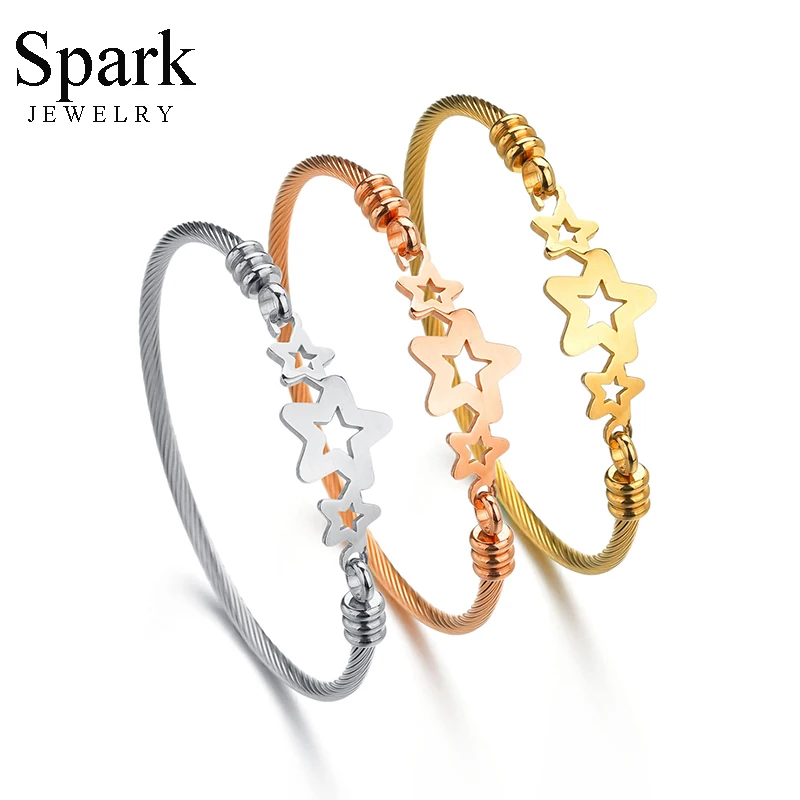 

Spark Elegant Hollow Star Charm Bracelet Stainless Steel Wire Twisted Bangle Bracelets For Women Birthday Gift Pulsera 3 Colors