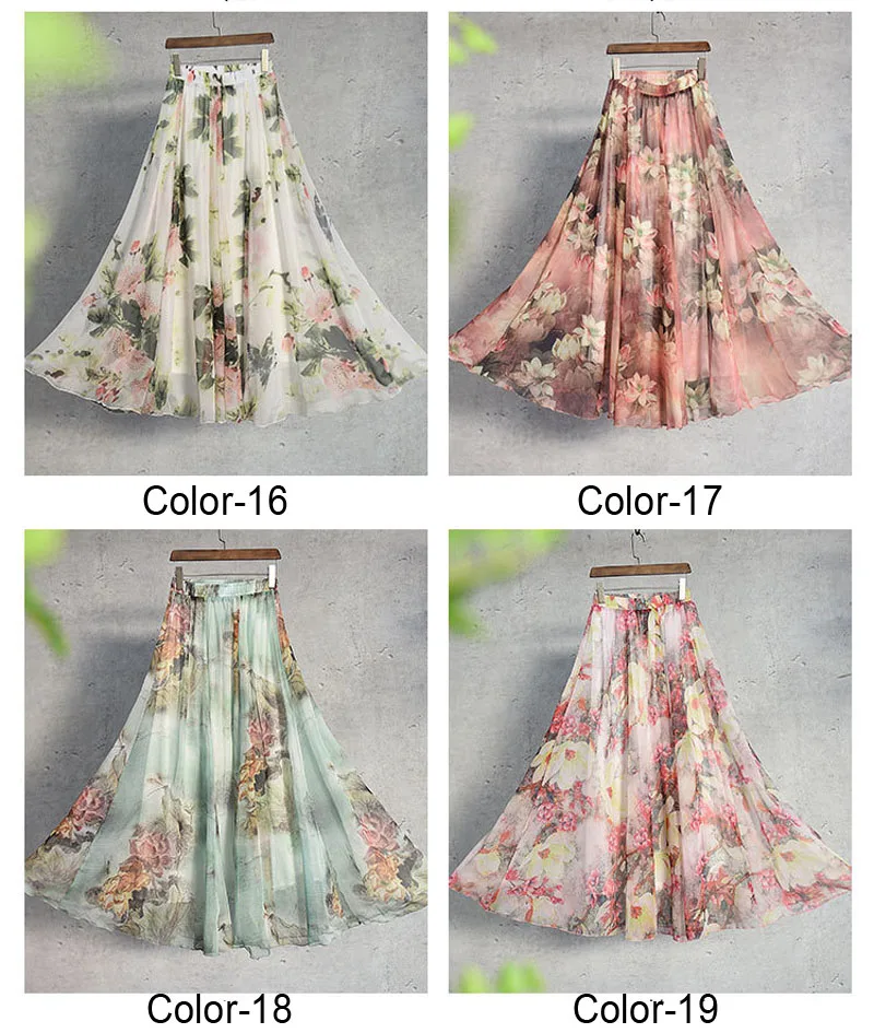 Women's Floral Print Elastic High Waist Long Chiffon Skirt Variations 2