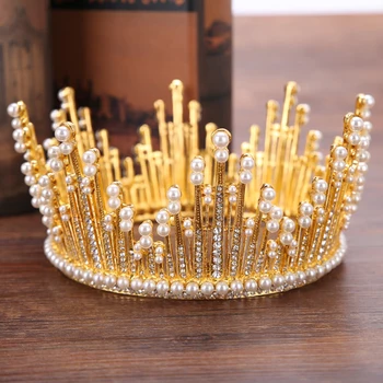 

Vintage Silver Gold Rhinestone Simulated Pearl Tiara Round Big Crown For Bridal Wedding Women Hair Jewelry Queen Accessories
