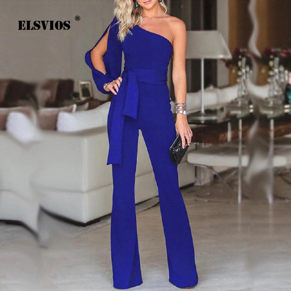 Baratos ELSVIOS moda vendaje arco mono de cintura alta mujeres un hombro elegante recto Oficina overoles Casual sólido Mujer