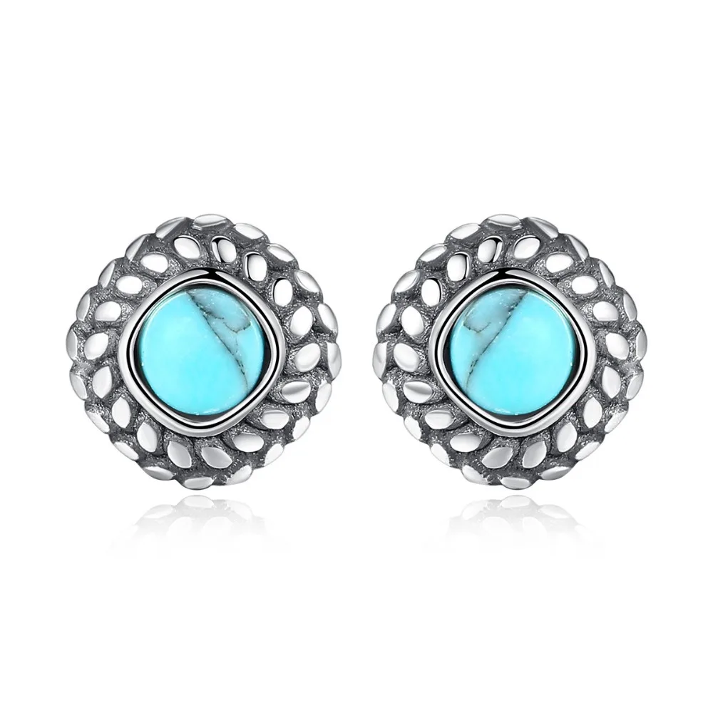 

INALIS New Statement Black Rhodium Plated Stud Earrings 925 Sterling Silver Square Shape with Round Turquoise Brincos for Women