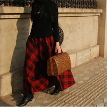 Autumn And Winter Woolen Long Umbrella Vintage Skirt 2016 Saias Femininas England Style Tartan Plaid Ankle Length Flared Skirt