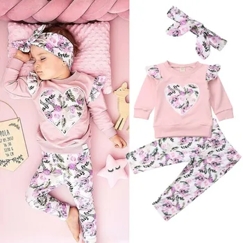 

3pcs Girls Set Autumn Baby Clothing Set Long Sleeve Shirt Girls Tops Love Shape Floral Print Long Pants Girls Headband Kids Suit