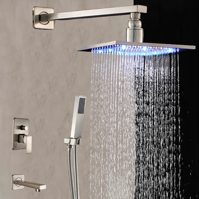 LED Nickel Brushed Wall Mounted Rain Shower Head Tub Spout Hand Sprayre