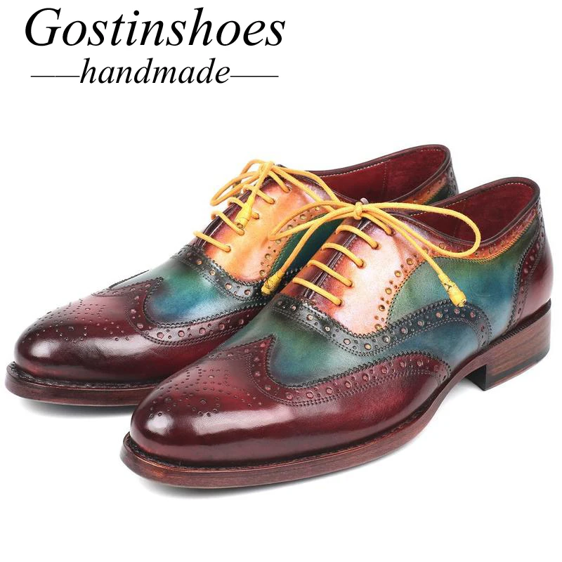 

GOSTINSHOES HANDMADE Goodyear Welted Men's Dress Wingtip Oxfords Multi-Color Cow Leather Lace-up Hand-Painted SCZ018