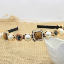 Барокко Винтажный стиль ободок для волос мода драгоценный камень барокко широкий ободок корона тиара полый жемчуг цветок головной убор 1 шт./лот