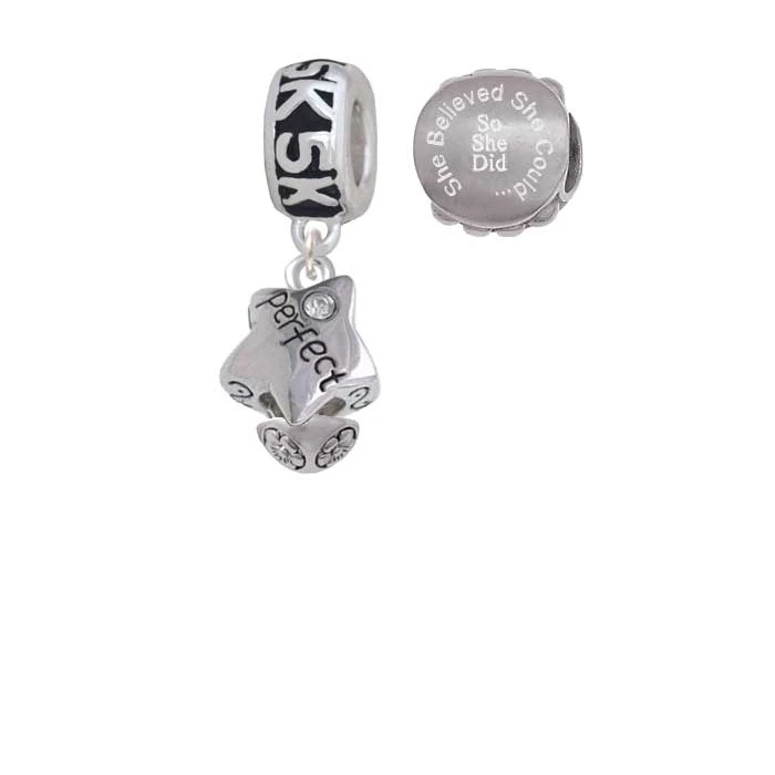 Silvertone Perfect Star with Crystal 5K Run She Believed She Could Charm Beads (Set of 2)