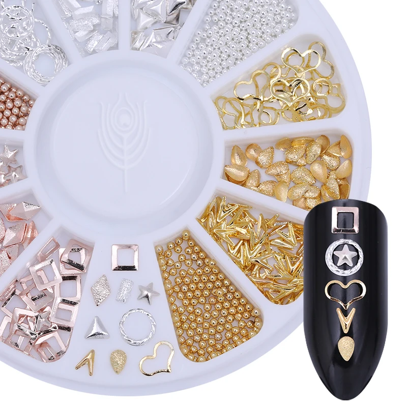 12 узоров/коробка покрытые розовым золотом 3D украшения для ногтей в колесиках полые металлические шпильки для маникюра украшения для нейл-арта боди-арта