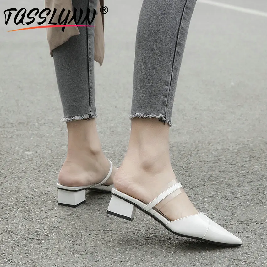

TASSLYNN 2019 Shoes for Woman Summer Genuine Leather Women Slippers Outside Pointed Toe Square Heels Women Shoes Size 34-39
