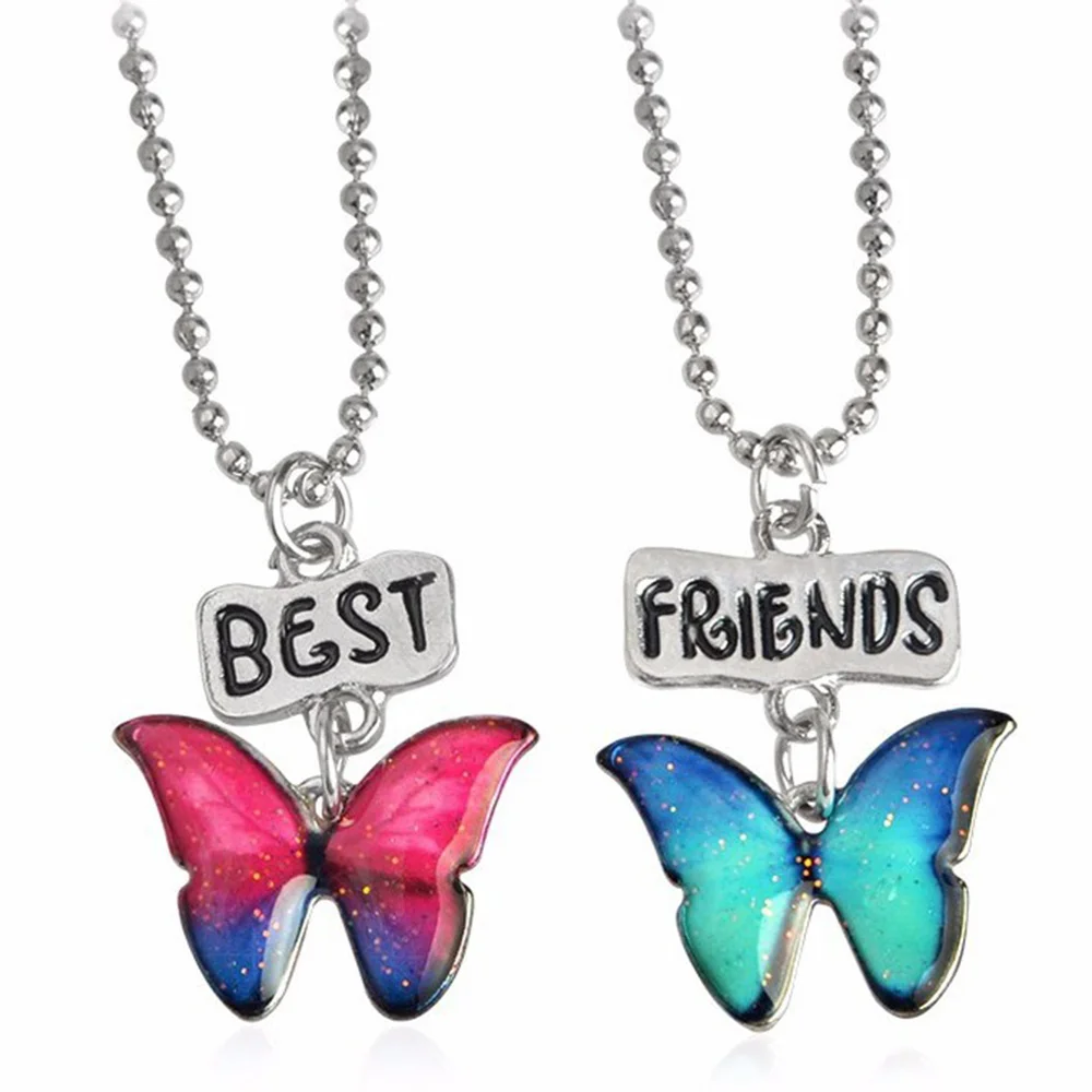 

2Pc/Set Best Friend Butterfly Silver Tone Rhinestone 2 Pendants Baby Necklace Best Friendship Newest Nice Gift Hot Sale