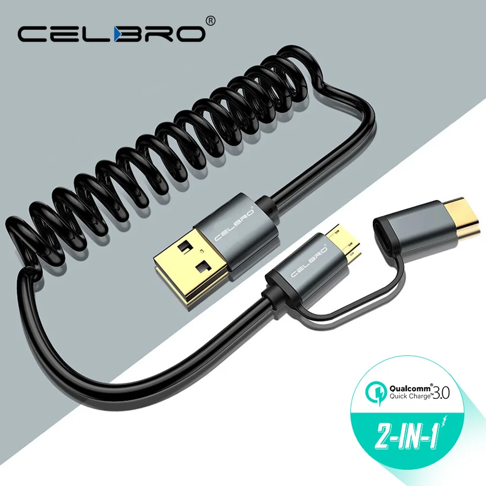 

2 In 1 Retractable Short Micro USB Type C Cable 2A Fast Charging Coiled USBC Data Cord for Xiaomi Pocophone F1 A2 Mi8 SE 1M 0.5M