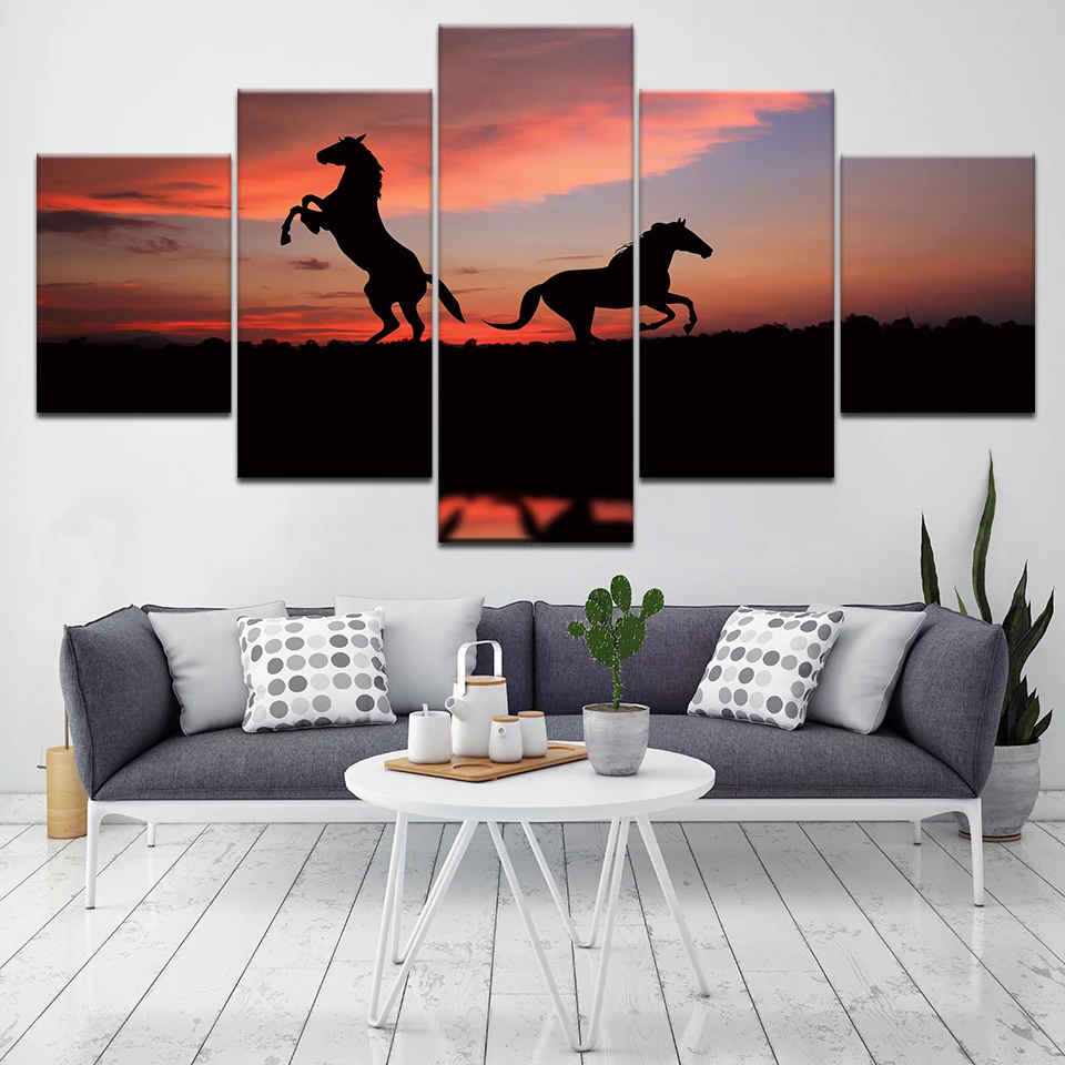 Home Decor HD печати стены Книги по искусству фотографии 5 шт. красный закат лошадь Книги по искусству Пейзаж холст картина домашнего декора для г...