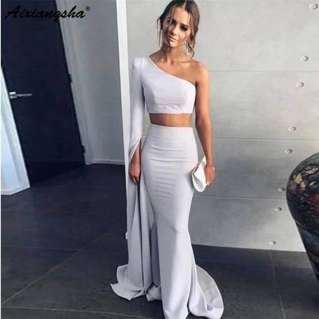 Elegant Two Pieces One Shoulder Long Sleeve Mermaid Prom Dress