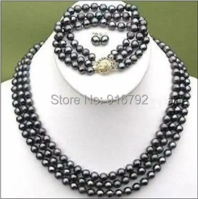 

Wholesale >>>>>Elegant 3 ROWS Black 8-9 mm Akoya pearl necklace bracelet earring set