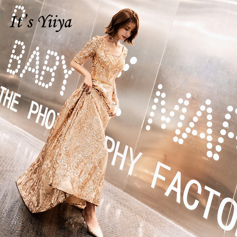 

It's YiiYa Evening Dresses Sexy V-neck Sequined Half-sleeves Long Wedding Formal Dress Lace Up Illusion A-line Party Gowns E402
