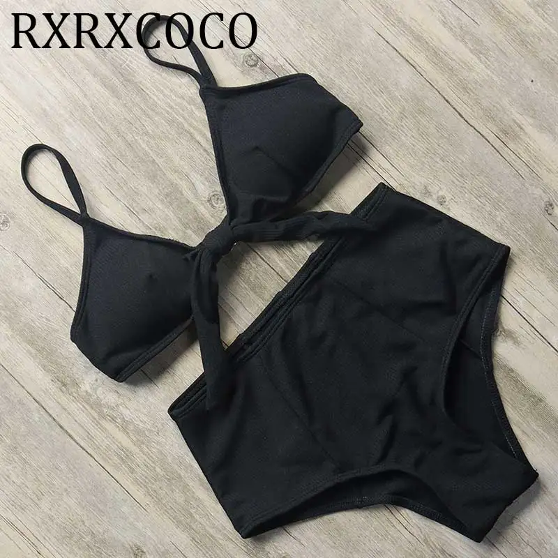 

High Waist Bikini 2019 Swimwear Women Solid Bikini Set Push Up Swimsuit Tie Front Swimming Suit Halter Bandage Bathing Suit