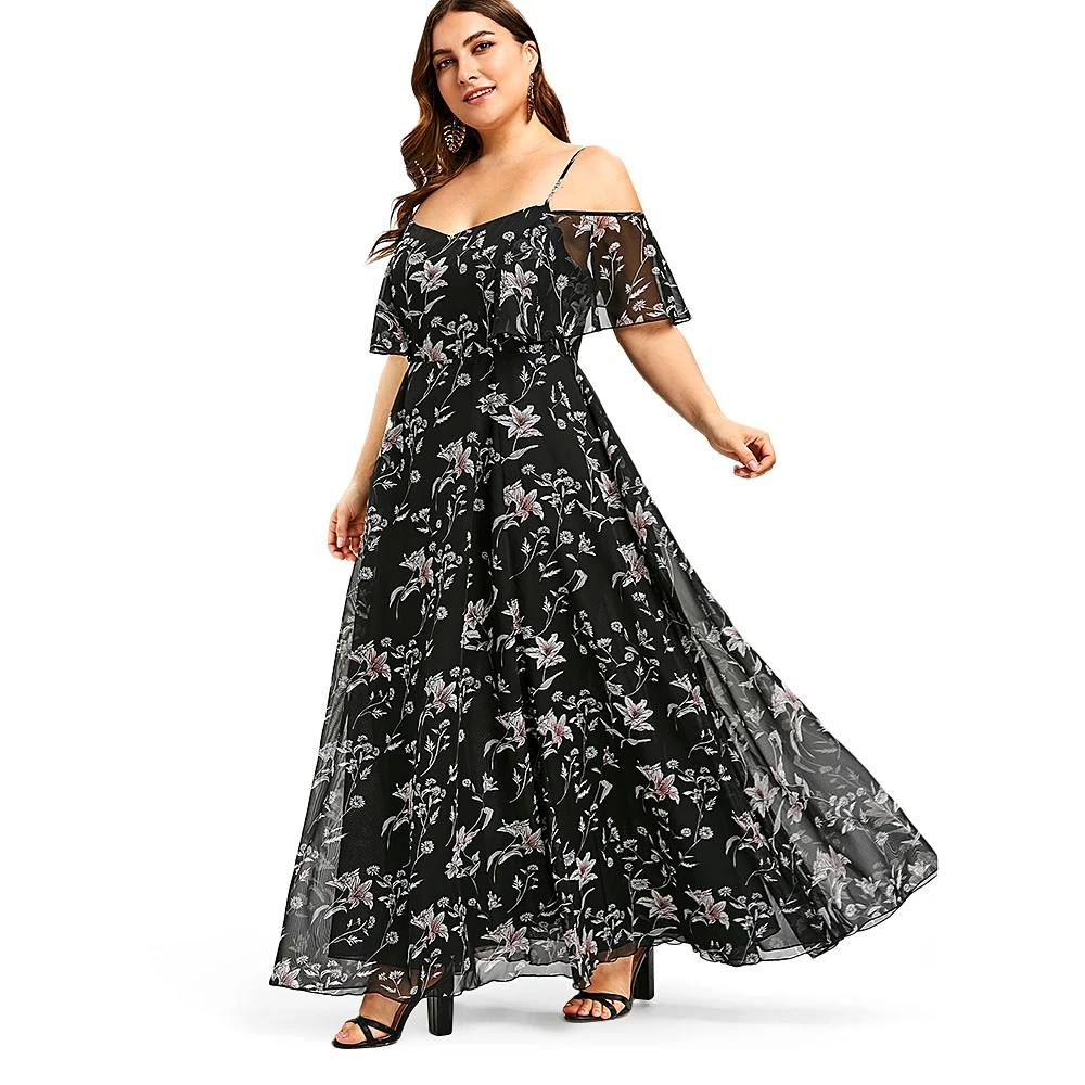 Plant Print Plus Size Cold Shoulder Dress Sexy A-Line Floor-Length Party Dress Summer Half Sleeve Boho Bohemian Long Dress Beach - Цвет: Черный