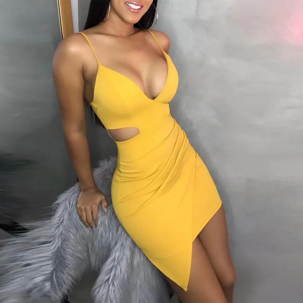 

JAYCOSIN dress 2019 Hot Sale Summer Women Dresses Sexy Solid Sleeveless Hollow Out Desigual Deep V-Neck Tight Fitting Club 9618