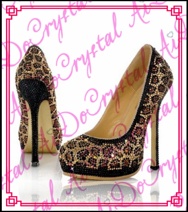 

Aidocrystal 2016 women crystal Leopard spots high heels black thin heel pumps sexy women nightclub shoes