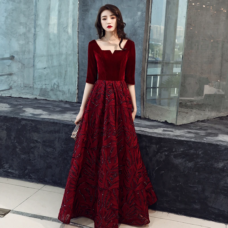 2019 Новый V шеи Длинные вечерние платья Robe De Soiree пикантные роскошный темно-красный блесток официальная Вечеринка платье платья для