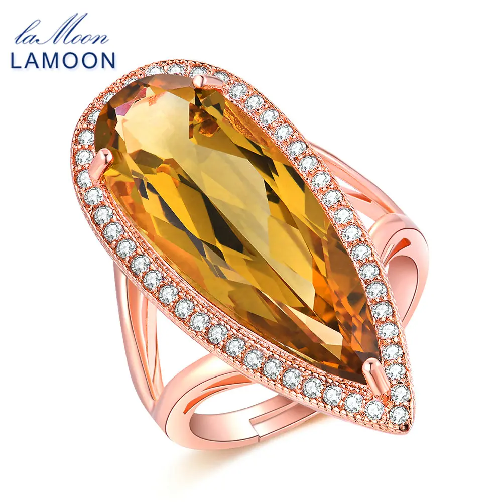 LAMOON 925 Sterling Silver Jewelry Rings Luxury Gemstone Natural Big TearDrop Citrine Cocktail Amber Ring ChALkeR Anel Feminino