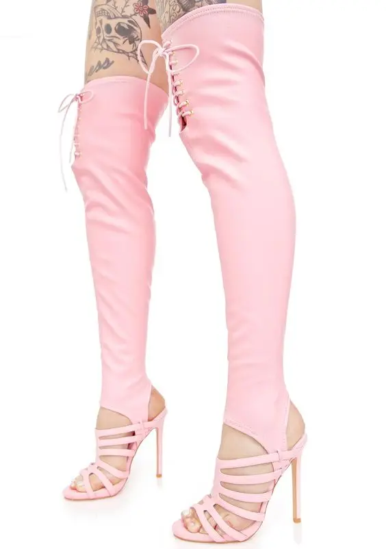 Summer new fashion pink leather stretch high heel boots open toe cutouts over the knee boots thigh high boots gladiator boots