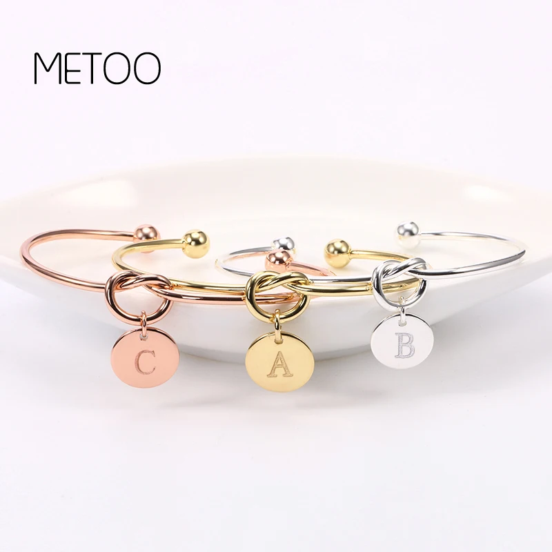 

METOO 2019 Engraved Letters Bracelet Knotted Open Cuff Bangle Initial Charm Bracelets Wire Love Bangles for Women Rose Gold