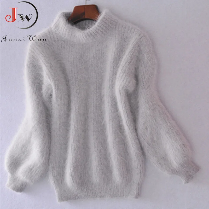 Cheap White Mohair Thicken Turtleneck Sweater 2019 Autumn Winter Sweet Fashion Lantern Sleeve Casual Solid Color Pullover pull femme