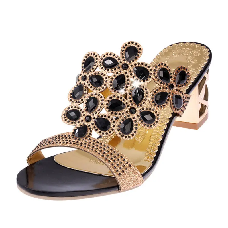 

Women High Heels Slippers Summer Square Heel Shoes Woman Bling Style Slip On Sandals Female Fashion Slides Footwear Big Size