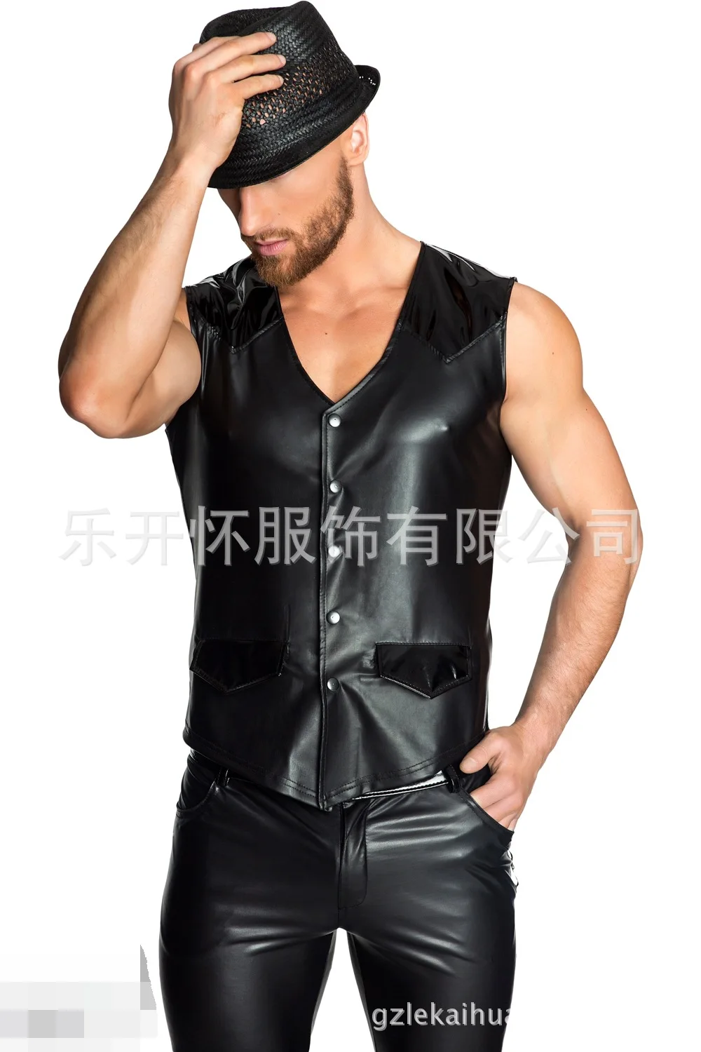 European and American Nightclub Bar Men's Black Leather Vest Suit