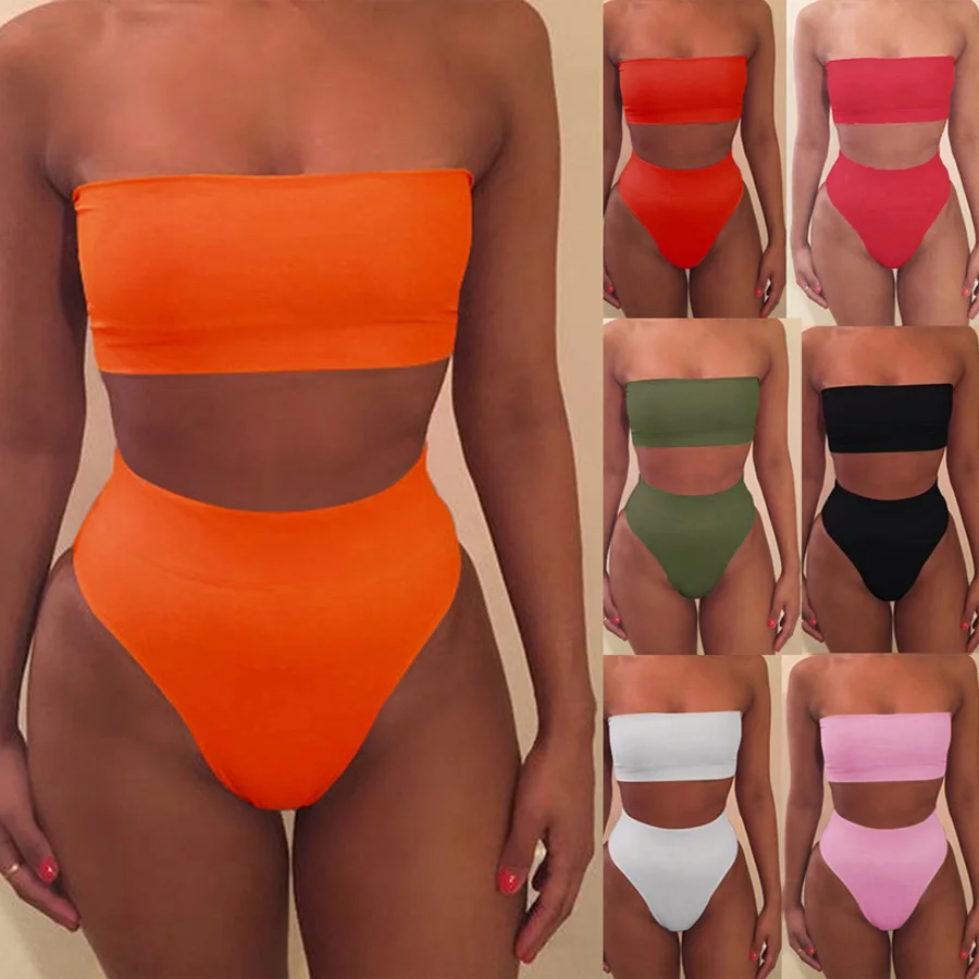 

2018 Sexy bikinis women Bikini 2018 Set Off Shoulder Solid Bandage Push Up Padded Swimwear Swimsuit Beachwear Pluz Size biquini