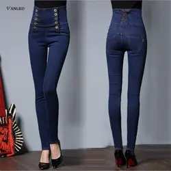 VANLED 2017, Новая мода Высокая Талия Отверстие Рваные джинсы Для женщин заклепки джинсы женские джинсы для девочек стрейч обтягивающие джинсы