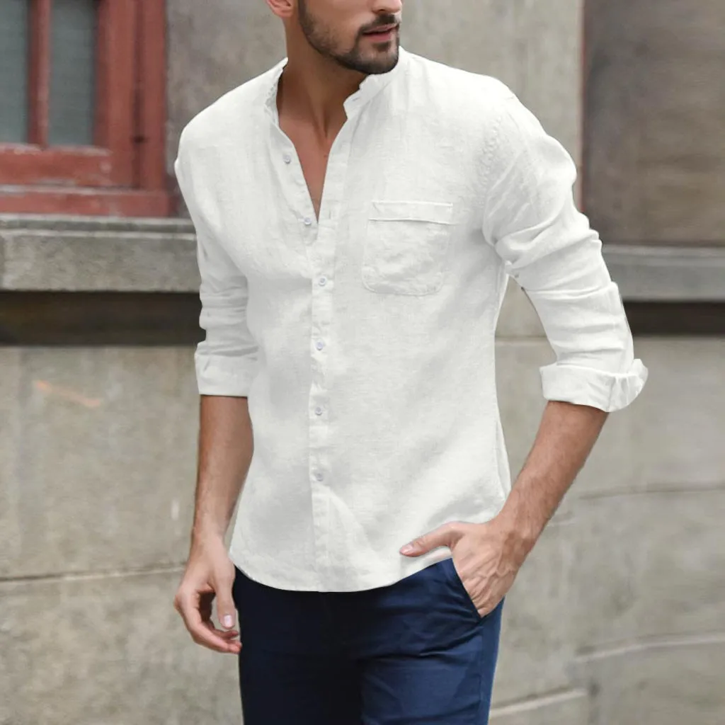 

Shirts Men Baggy Cotton Linen Solid Blouse Long Sleeve Tops Button Pocket Stand Collar Shirt Summer Men Shirt chemise homme