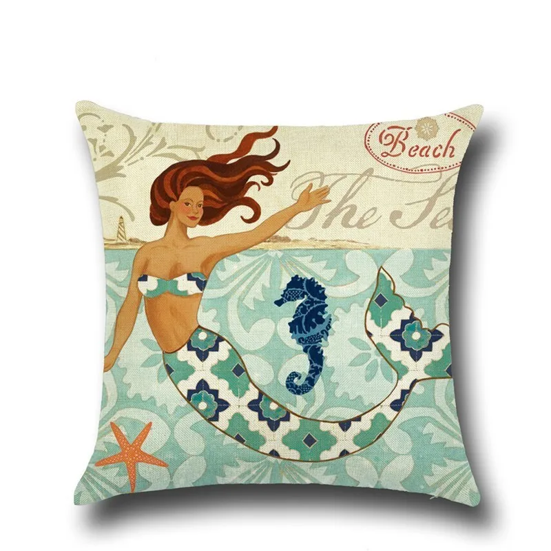 Наволочка из хлопка и льна с изображением морского животного русалки, декоративная наволочка для дивана и кровати