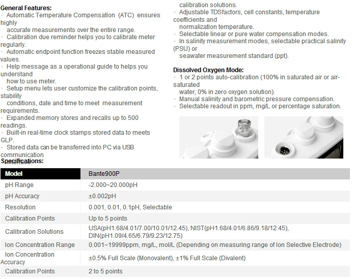 Bante900P Портативный pH/Проводимость/DO метр с диапазоном до 0,00~ 20,00 мг/л