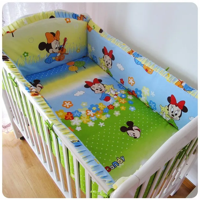Discount 6pcs Mickey Mouse Baby Cot Beds Crib Bedding Set Cradle