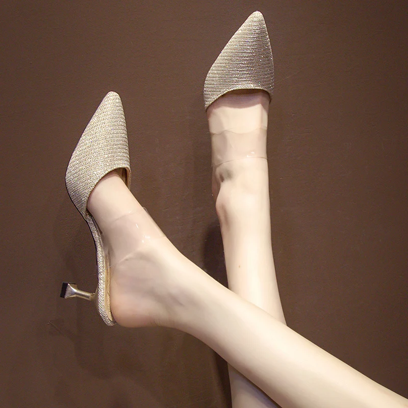 

Women Brand Sexy Thin Heels Slippers Breathable Shoes Summer Mules Women High Heels Sandals 2019 Sandalias Mujer