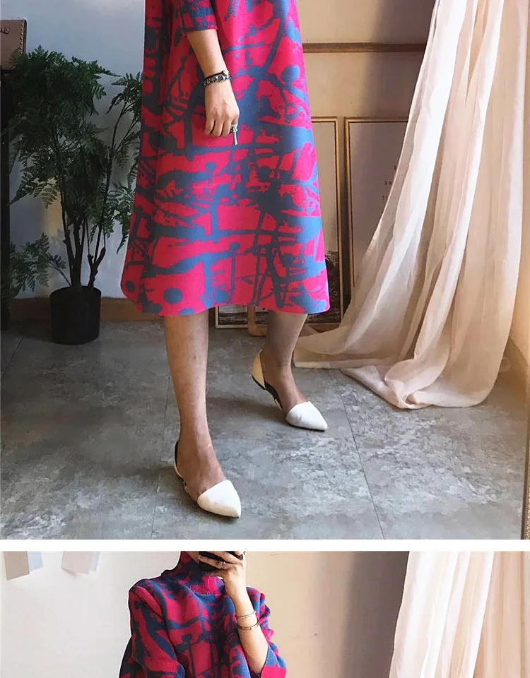 Changpleat весеннее новое платье с высоким воротом Miyak Плиссированное модное дизайнерское платье с принтом большого размера свободные трапециевидные женские платья Tide D90
